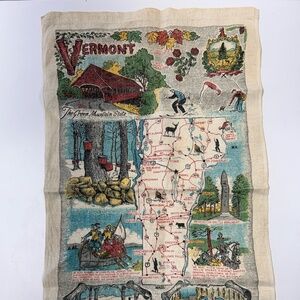 Vintage Vermont Souvenir Tea Towel Green Mountain State Linen Maple Syrup Map